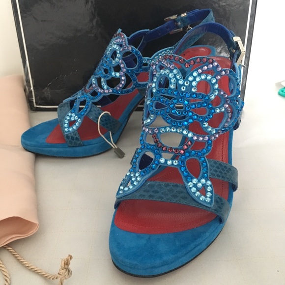 Cesare Paciotti Blue Leather Suede Sandals Sz 6.5 - Picture 2 of 8